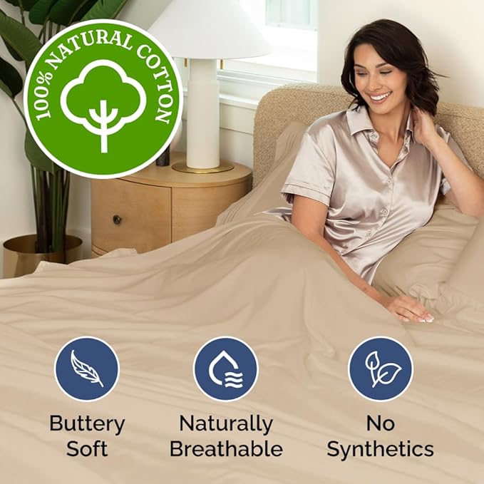 400 Thread Count Cotton Sheet Set - Full Size 100% Cotton Sheets - Easily Fits 8" to 16" Mattress - Silky-Soft, Wrinkle Free, Breathable and Comfy - Deep Pockets & Hotel Quality Bedding Set - Cream