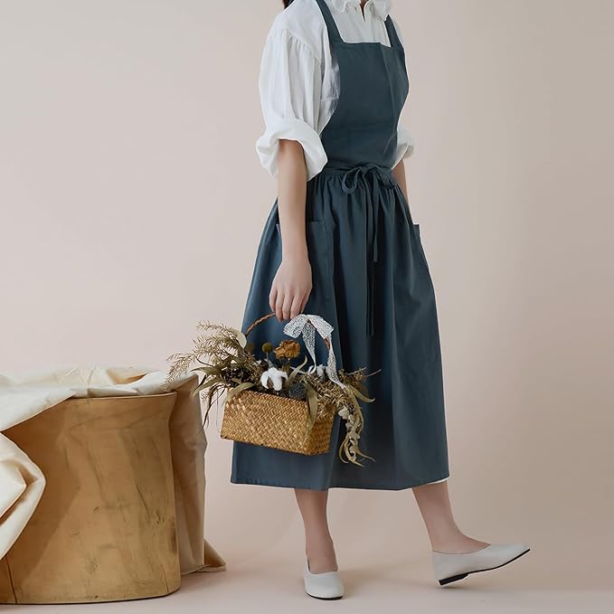 ODIZLI Frill Apron for Women Cotton Cross Back Vintage Ruffle Apron for Garden Cooking Aprons