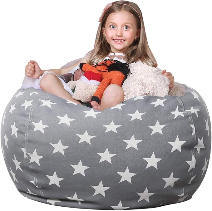 WEKAPO Stuffed Animal Storage Bean Bag Chair Cover for Kids | Stuffable Zipper Beanbag for Organizing Children Plush Toys Large Premium Cotton Canvas (Grey Star, X-Large)
