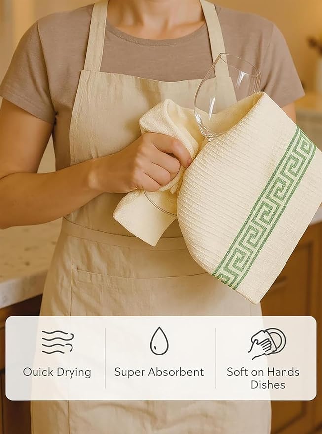 Attica Tracery Pure Cotton Kitchen Tea Towels – White Waffle Towels | Super Absorbent Kitchen Napkins | Reusable Cloths for Dishes, Counters & More - (60x38 cm, Set of 5) (White with Green Border)