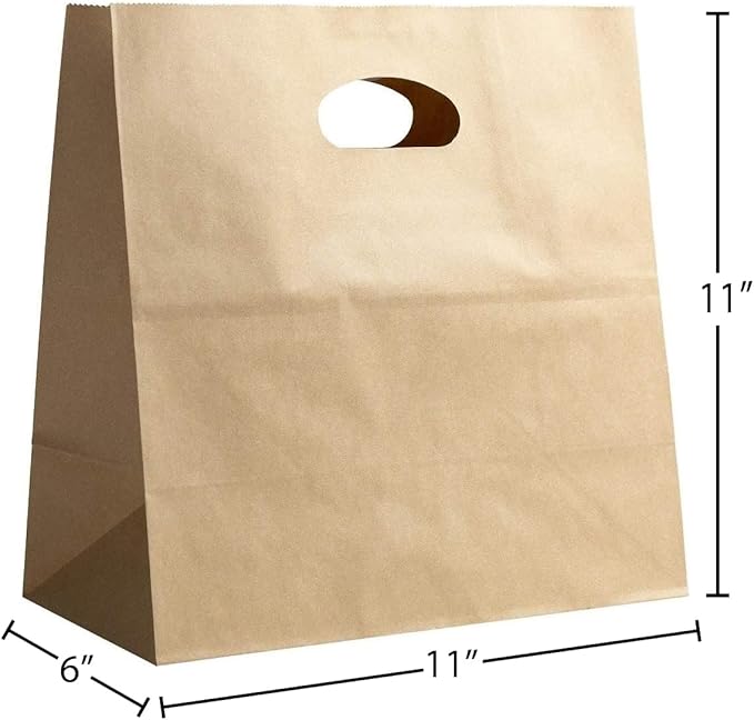 Natural Brown Kraft Paper Bags with Reinforced Handles 11" x 6" x 11" - Sturdy Die Cut Tote Bag for Baby Shower, Gift, Food Service, Shopping, Small Business, Takeout, Bakery, Restaurants -100 Pack