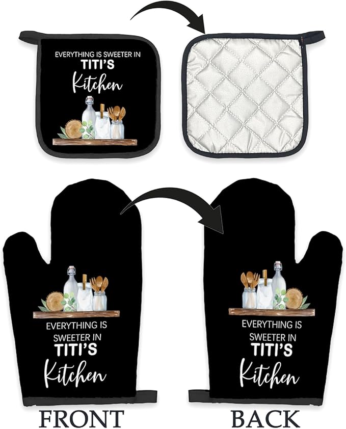 Titi Gifts Oven Mitts and Pot Holders Sets, Gifts for Titi Aunt Auntie Aunty, Titi Aunt Auntie Gifts from Nephew Niece, Sweeter in Titi’s Kitchen Heat Resistant Oven Glove Potholders for Kitchen
