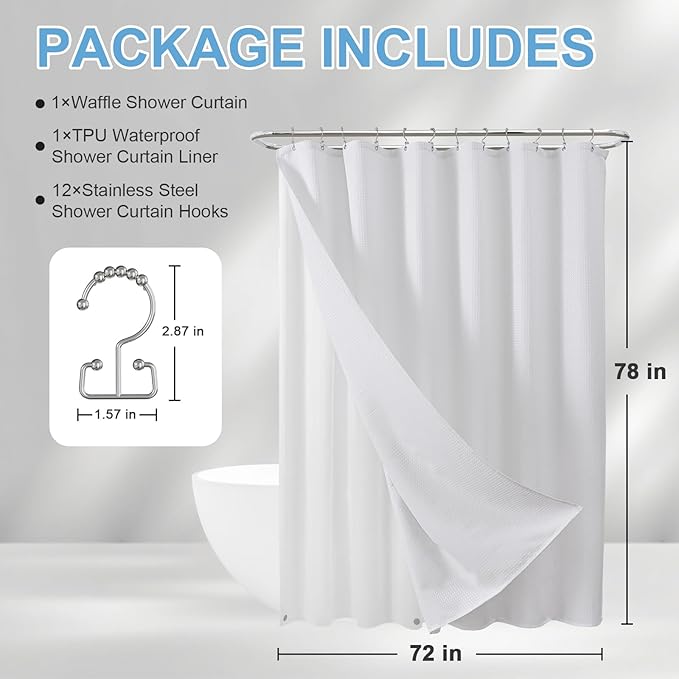 ROLIZOE 3-in-1 Waffle Texture Shower Curtain Set with TPU-Coated Waterproof Liner and 12 Upgraded Double-Sided Hooks, Well-Matched Sizes for a Seamless Fit – White, 72" x 78"