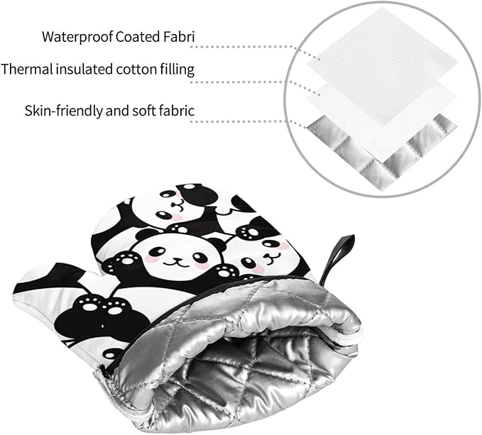 Cute Panda Oven Mitts and Pot Holders Set of 4, Oven Mittens and Potholders Heat Resistant Gloves for Kitchen Cooking Baking Grilling BBQ