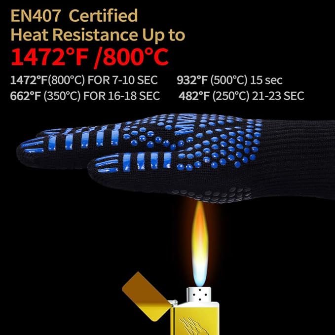 Premium BBQ Gloves, 1472°F Extreme Heat Resistant Oven Gloves, Grilling Gloves with Durable Fireproof Kitchen Oven Mitts Designed for Cooking, Grill, Frying, Baking, Barbecue (Blue+Black)