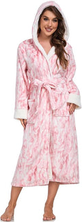 RONGTAI Womens Plush Fleece Hooded Bathrobe, Thick Nightgown Long Robe Sleepwear with Two Side Pockets and Belt