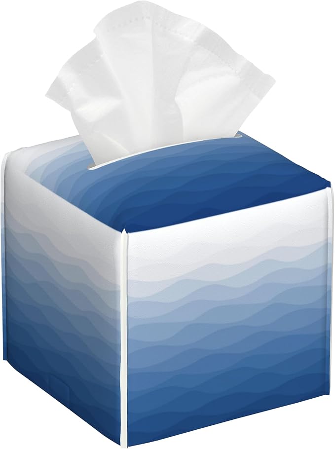Blue Grey Ombre Striped Tissue Box Cover Square Leather Tissue Holder Waterproof Facial Paper Organizer Dispenser Cube Paper Cover Case for Home Office Bathroom Vanity Countertop