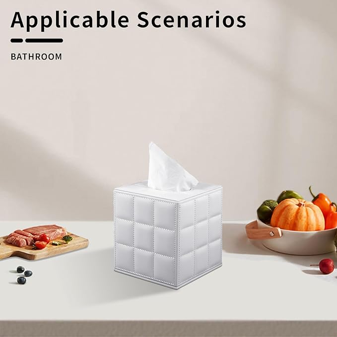 XNONE Tissue Box Cover Square Tissue Box Holder PU Leather Facial Organizer with Magnetic Bottom,Decorative Napkin Caddy for Vanity Dresser Night Stand Table Countertop Home Office Car,White