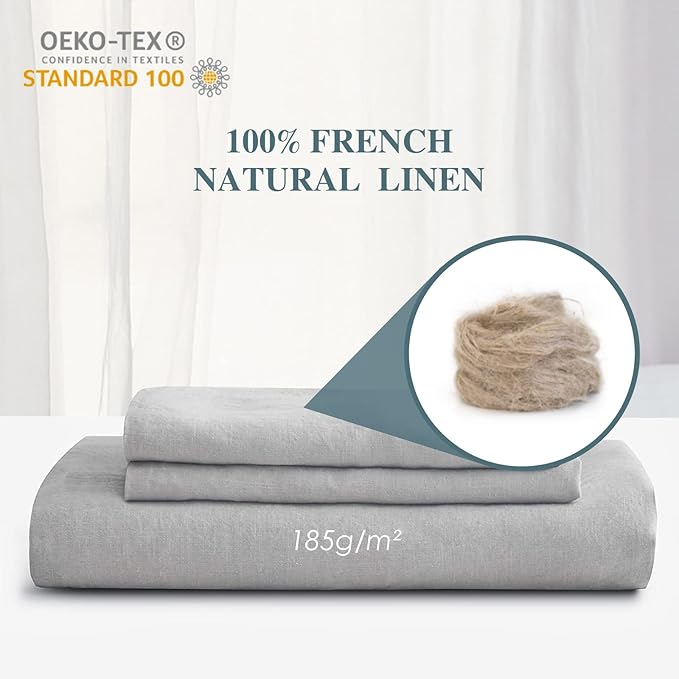Sijo Stone Washed Organic French Linen Bed Sheet Set, GOTS Certified Organic, Best Cooling Linen Sheet Award by Sleep Foundation, 1 Flat Sheet Only (Dove, King/Cal King)