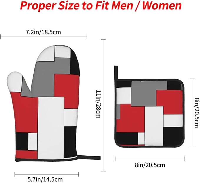 Red White Black Grey Geometry Oven Mitts and Pot Holders 4 Pcs Set Geometric Oven Gloves and Potholders for Cooking Microwave BBQ Baking Grilling