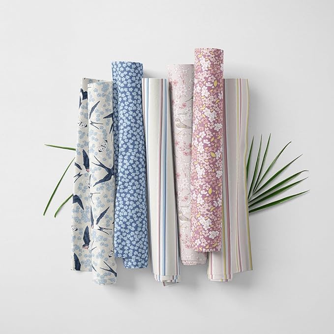 Patchwork Fabric Panel 100x155 cm, 100% Cotton Satin, 6 Coordinated Floral & Bird Patterns, Soft Blue Pink Quilting & Sewing Fabric (Spring Swallows, 6pcs 50x50cm)