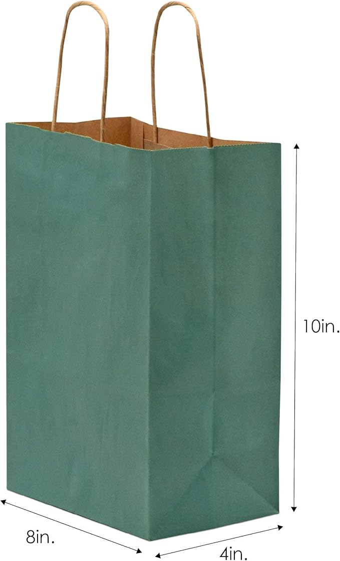 Prime Line Packaging Green Gift Bags, Small Paper Bags with Handles for Gifts, Holidays, Christmas, Party Favors, Shopping, Small Business, Bulk, 8x4x10, 50 Pack