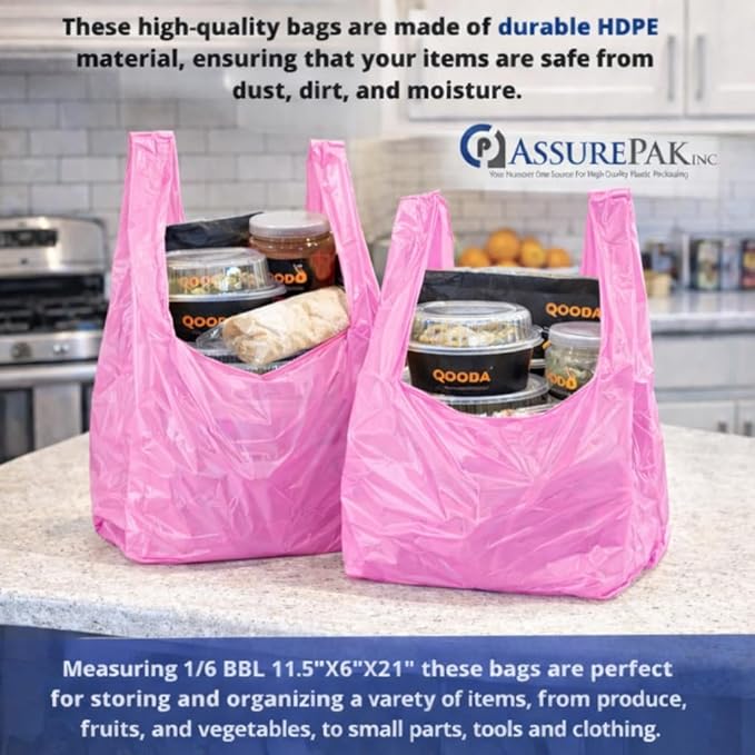 ASSUREPAK Pink HDPE T-Shirt Plastic Bags for Retail, Groceries, Merchandise, Convenience Store, Supermarket, Restaurant - 1/6 BBL, 11.5"X6"X21" - Pack of 1000 Bags, 13 Microns - Unprinted (Pink)