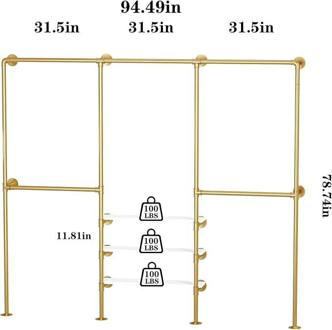 KAILNKISS Industrial Pipe Clothing Rack, Gold Clothing Rack with Shelves, Wall Mounted Clothes Rack Heavy Duty Closet Organizers Wardrobe Multi-Purpose Storage Clothes Hanging Shelf- 94.5''L Gold