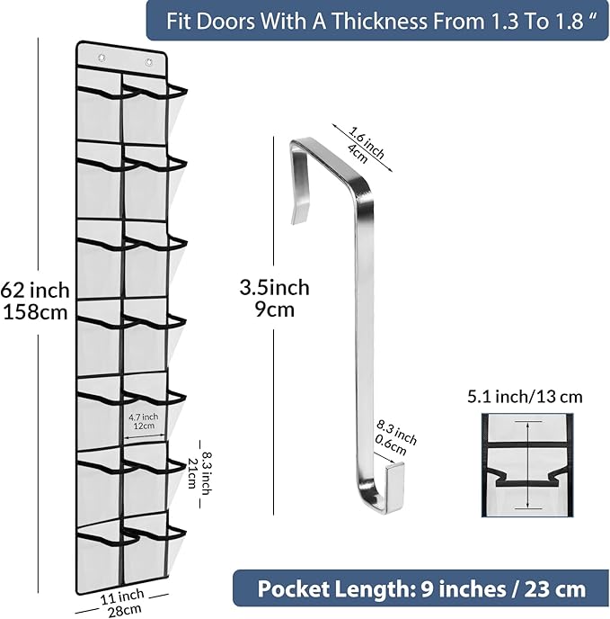 Makryebi Door Shoe Organizer with 14 Mesh Pockets, 59”H x 11.8”W inches, Clear Storage Pockets, 2 Pack, White