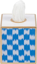 Jaye’s Studio Blue Ikat Checkered Tissue Box Cover Gold, Enamel Decorative Blue and White Tissue Holder, Square Cube Facial Tissue Box for Coastal Bathroom Guest Vanity, Checkered Home Decor Accent