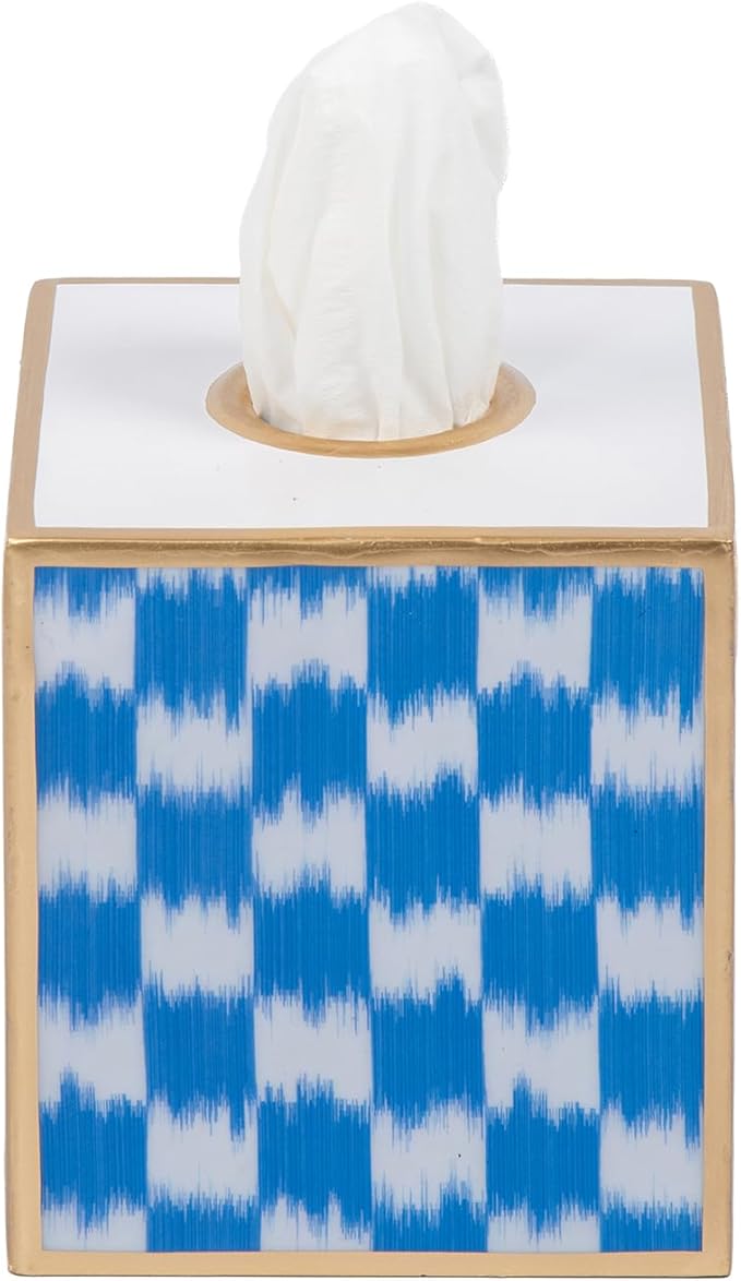 Jaye’s Studio Blue Ikat Checkered Tissue Box Cover Gold, Enamel Decorative Blue and White Tissue Holder, Square Cube Facial Tissue Box for Coastal Bathroom Guest Vanity, Checkered Home Decor Accent