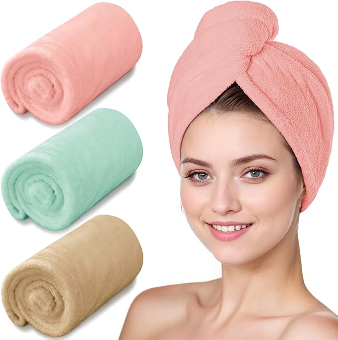 YHPDYL 3 Pack Microfiber Hair Towel Wrap for Women, Fast Drying Hair Turban with Button, Anti-Frizz Large Hair Towel for All Hair Styles, Soft & Absorbent Hair Drying Towel (Pink, Khaki, Green)