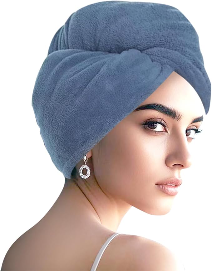 AGKXHDEC 1 Pack Double Layer Microfiber Towel, Hair Turbans for Wet Hair, Drying Hair Wrap for Women(Dark Blue)