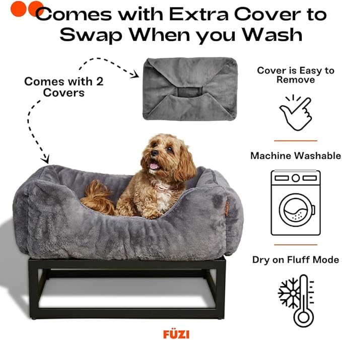 FUZI Elevated Dog Bed Small with Extra Cover, Luxury Raised Dog Beds, Removable and Machine Washable Bed Cover, Indoor/Outdoor Orthopedic Pet Bed, Small 25.1x16.75x18 Dark Grey and Black Base