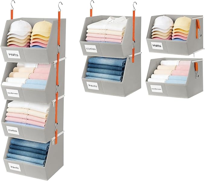 Baesyhom 4 Pcs Modular Closet Organizer - Detachable & Foldable Hanging Storage Cubes, 88L Total Capacity, Heavy Duty Fabric Shelves for Wardrobe, Closet Organization, RV, Dorm, Grey