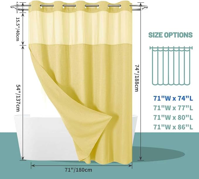 eachope Yellow No Hook Waffle Weave Shower Curtain with snap-in Liner Replacement, 230GSM Waterproof Fabric Hotel Shower Curtain Set for Bathroom, Through Mesh Top Window,71Wx74H