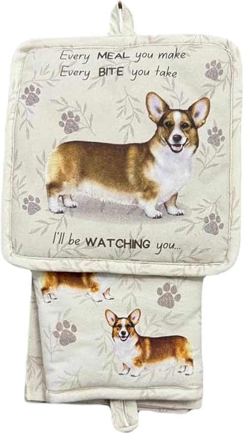 Welsh Corgi 3-Piece Kitchen Set - Oven Mitt, Pot Holder & Kitchen Towel Set, Heat Resistant up to 420 F, Soft Quilted Cotton for Cooking, Baking, BBQ, Pet Lover Gifts (Welsh Corgi)