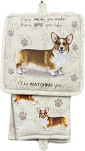 Welsh Corgi 3-Piece Kitchen Set - Oven Mitt, Pot Holder & Kitchen Towel Set, Heat Resistant up to 420 F, Soft Quilted Cotton for Cooking, Baking, BBQ, Pet Lover Gifts (Welsh Corgi)