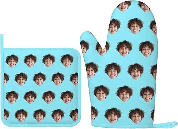 Custom Oven Mitt and Pot Holder with Your Face, Customizable 2 Pcs Silicone Oven Glove and Potholders Personalized Kitchen Gifts for Chefs Cooking Lovers