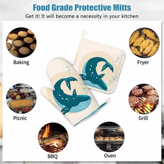 Mxocom Watercolor Whale Heat-Resistant Oven Mitts and Pot Holder Sea Theme Marine Life Coastal Modern Design Cool Ring Circle Kitchen Non-Slip Cooking Microwave Gloves for Cooking Baking Grilling