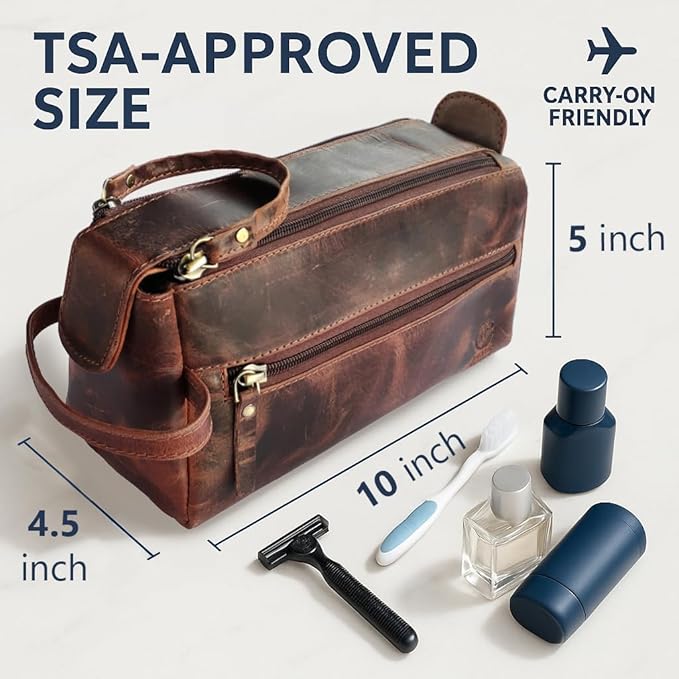 Rustic Town Leather Wash Bag for Men - Travel Toiletry Bag - Shaving Dopp Kit Toiletries Organizer - Leather Makeup Bag for Women