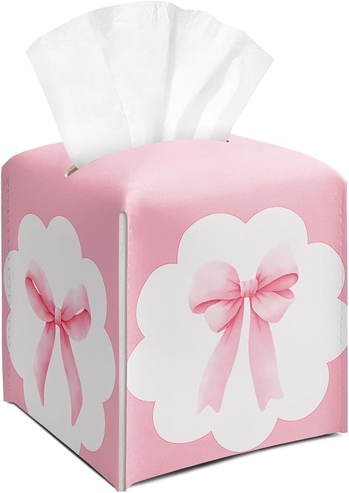 Pink Bow Ribbon Tissue Box Cover Square, Leather Tissue Holder with Bottom Belt, for Nightstands Desks Office Bathroom Car Vanity Home Decor Supplies -012