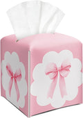 Pink Bow Ribbon Tissue Box Cover Square, Leather Tissue Holder with Bottom Belt, for Nightstands Desks Office Bathroom Car Vanity Home Decor Supplies -012