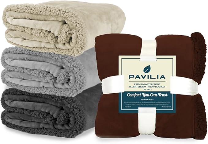 PAVILIA Waterproof Blanket for Couch, Sofa | Waterproof Dog Blanket for Large Dog, Puppy, Cat | Pet Blanket Protector | Plush Soft Warm Fuzzy Sherpa Blanket Bed Throw, Light Grey, 60x80