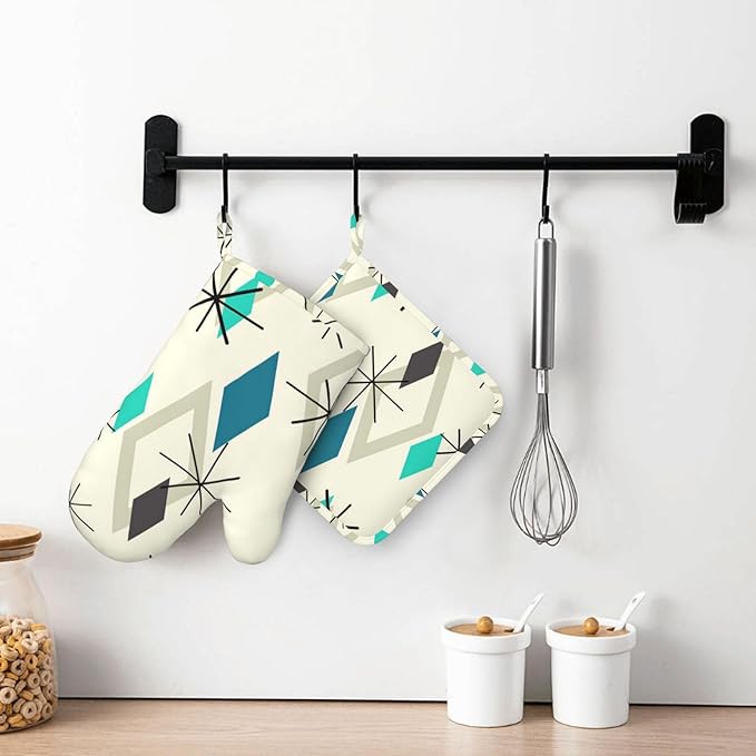 Silicone Oven Mitts and Pot Holders Sets, Home Vintage Mid Century Geometic Heat Resistant BBQ Gloves for Kitchen Baking Cooking Grilling Microwave