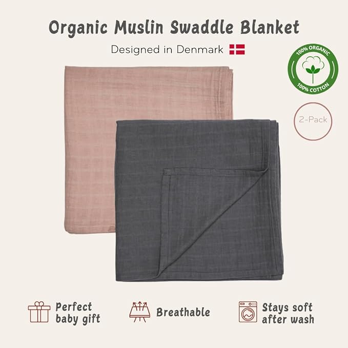 Huxie Swaddle - 100% Organic Cotton - Muslin Swaddle Blankets for Newborn, 47" x 47" 2-Pack (Blush/Soft Grey)