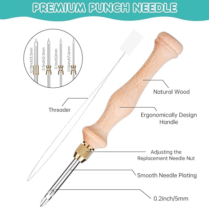 Punch Needle Kit Includes 1.6mm-2mm-2.5mm-3.5mm-5mm Needle,5 Size Metal Needles,Punch Needle Tool for Adult Beginner,Perfect for DIY Craft Decoration&Gift(Blue)