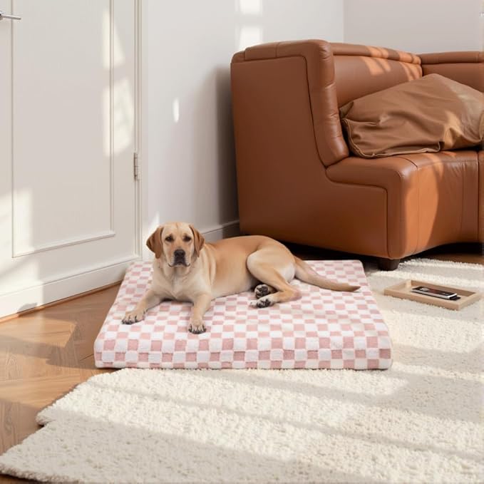 KSIIA Memory Foam Dog Bed Waterproof Large Dog Bed Orthopedic Crate Pad Supportive Crate Pads Soft Pet Mat for XL Pet Mats with Removable Washable Cover & Non-Slip Bottom, 48 x 35 Inch, Pink
