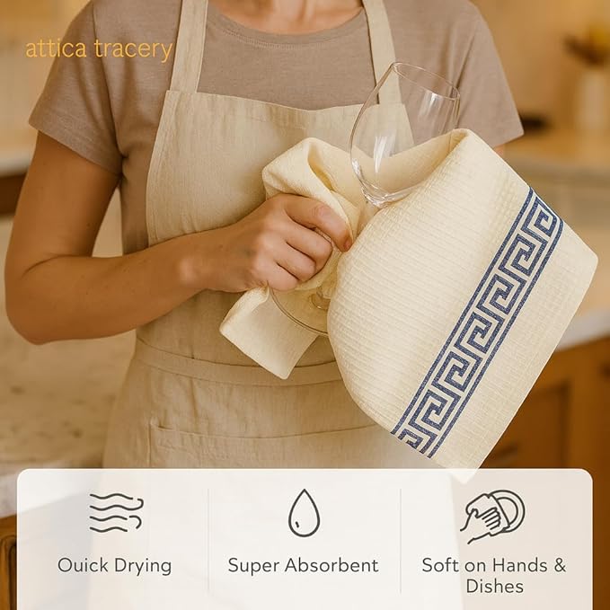 Attica Tracery Pure Cotton Kitchen Tea Towels – White Waffle Towels | Super Absorbent Kitchen Napkins | Reusable Cloths for Dishes, Counters & More - (60x38 cm, Set of 5) (White with Blue Border)