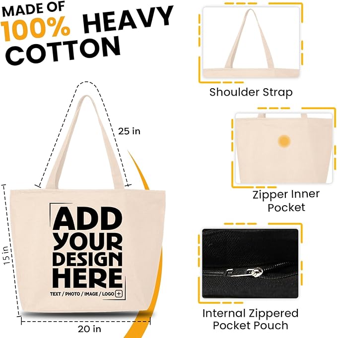 shop4ever Personalized Custom Design Your Own Heavy Canvas Tote with Zipper Reusable Shopping Bag Customizable Gift