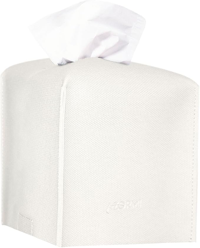 Azormi Tissue Box Cover, PU Leather Square Tissue Box Holder with Woven Pattern, Cube Tissue Box Covers with Bottom Belt, Perfect Decorative Organizer for Tabletop, car, Office, Bathroom (White)