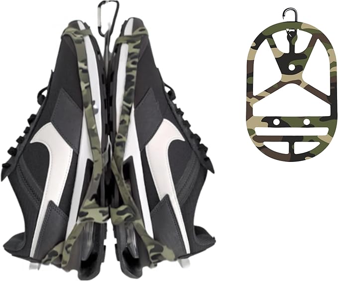 Shoe Holster for Backpack with Clip Hanger. Footwear Holder with Carabiner for Sneakers, Cleats, Bowling, Soccer, Basket, Football. for Travel, Outdoors, Sports & Space Saving. (Camo Green, L)