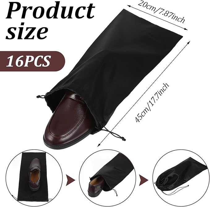 16 Pack Shoe Bags for Travel Satin Fabric Shoe Storage Bag with Drawstring Reusable Shoes Dust Bags for Men and Women for Organizing and Storing Shoes