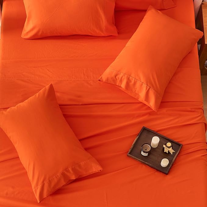 Bedlifes 100% French Flax Linen Sheets Set California King Size-6 Piece Extra Deep Pocket 18-24",Soft Breathable Cal King Bed Sheets with Temperature Regulating & Moisture-Wicking(Orange