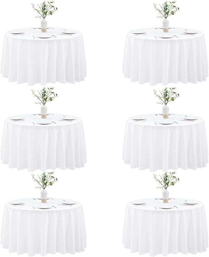 White Round Tablecloth 6-Pack, 90 Inch Diameter Table Cloth for Round Tables - Polyester Fabric Tablecloths, Reusable & Washable Table Cover