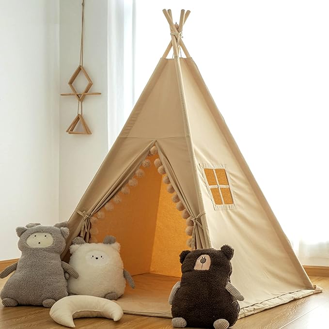 RONGFA Kids Teepee Tent with Lights &Large Pompoms & Carry Bag, Machine Washable Tent for Kids Indoor, Toddler Teepee for Girls & Boys（Without Mat）