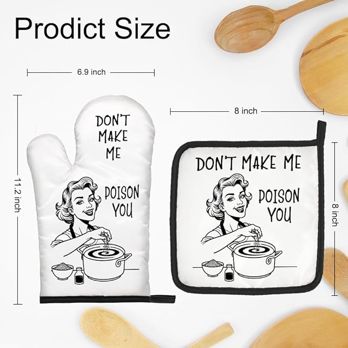 DYJYBMY Don't Make Me Poison Your Food Funny Vintage Lady Oven Mitts and Pot Holder Set, Perfect Humor Baking Gifts for Mom Sister BFF Chef Friend Hostess Housewarming, Sarcastic Oven Mitts for Women