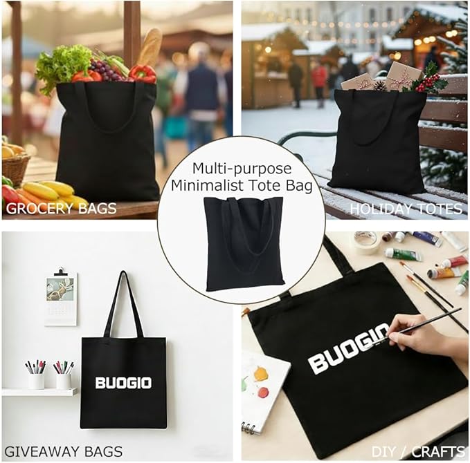BUOGIO 6 Pack Black 10oz Plain Canvas Tote Bags Bulk Blank Reusable Shopping Bag 14" x 15.5" for Custom Printing, Promotional, Gifts