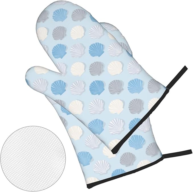 Oven Mitts and Pot Holders Sets of 4 Summer Seashell Blue Pastel Kitchen Potholder Gloves Heat Resistant Non-Slip for Chef Baking Cooking Grilling BBQ Mittens