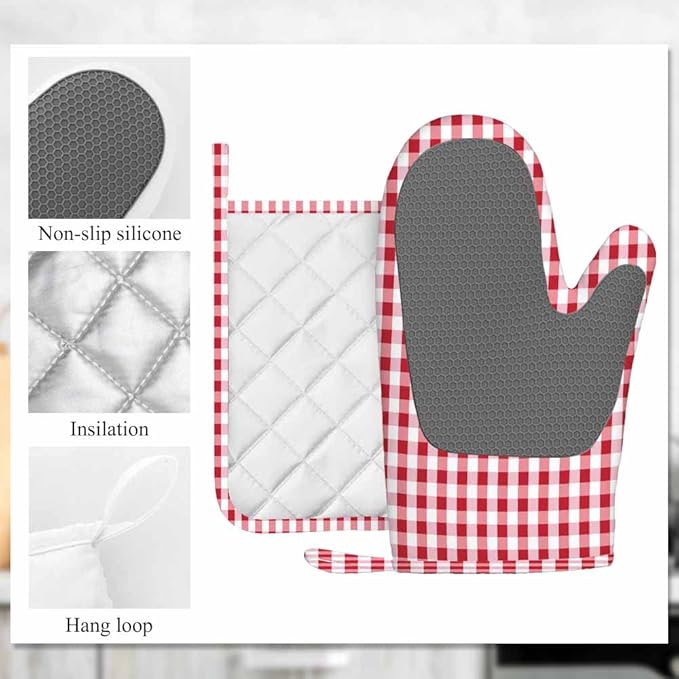 Mxocom Gingham Red White Checked Tartan Heat-Resistant Oven Mitts and Pot Holder Abstract Lattice Criss-Crossed Kitchen Non-Slip Cooking Microwave Gloves for Cooking Baking Grilling